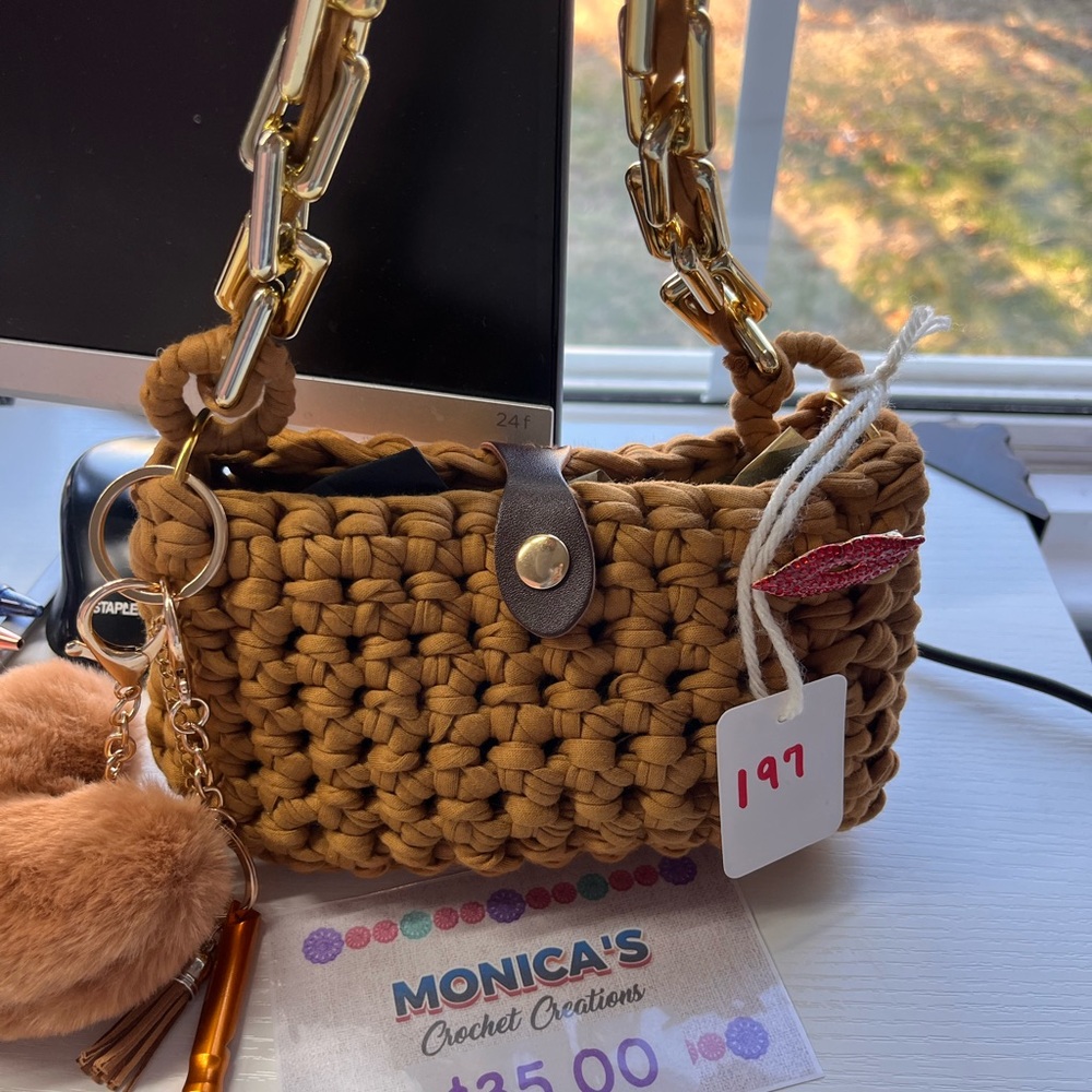 Brown Woven Shoulder Bag with Gold Chain Handles